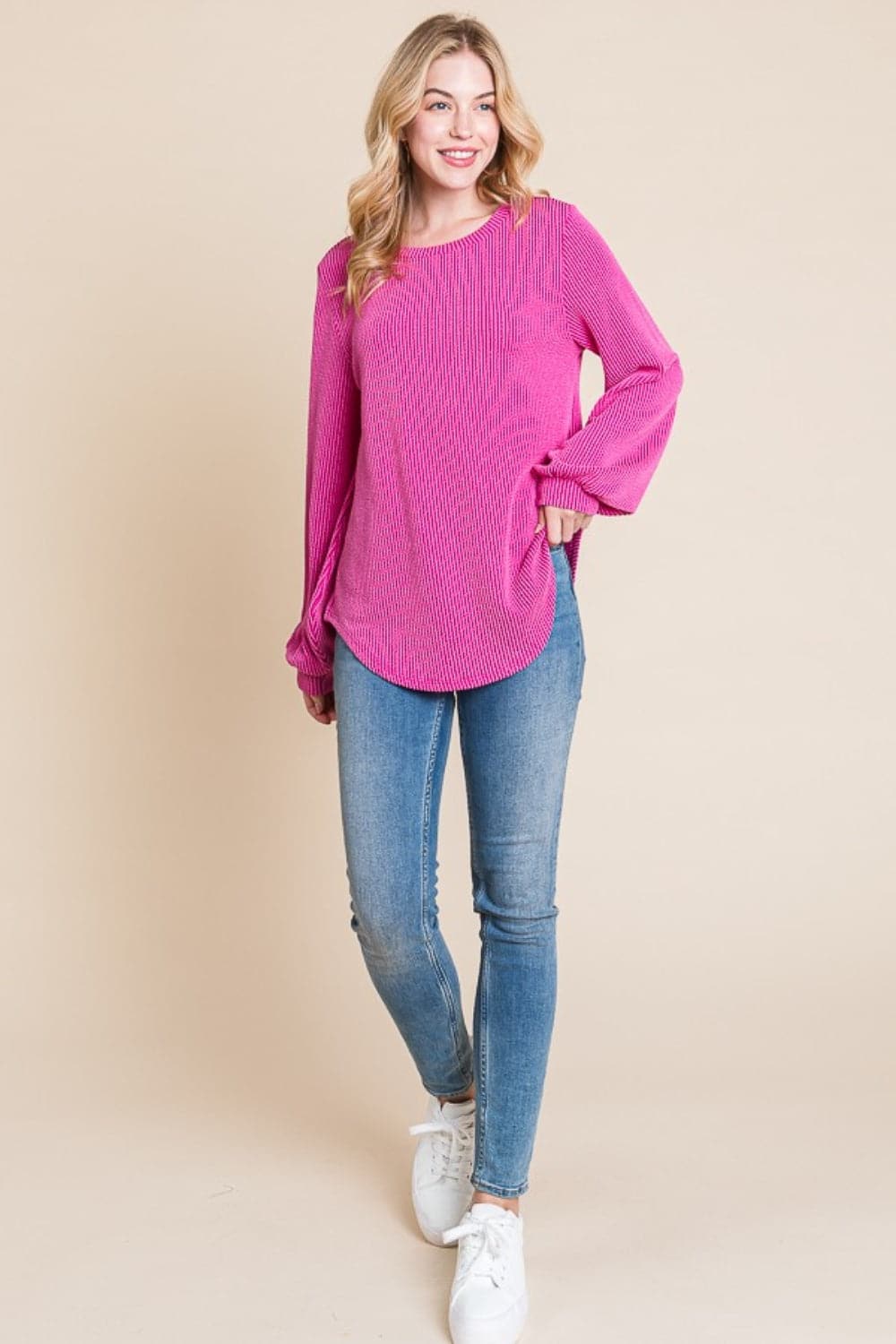 BOMBOM Long Sleeve Curved Hem Ribbed T-Shirt.