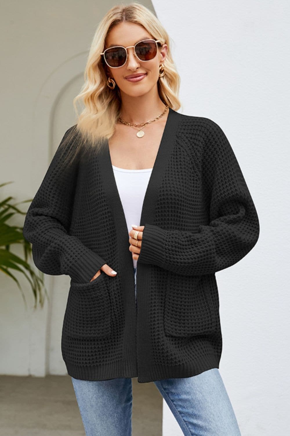 Open Front Raglan Sleeve Pocketed Cardigan.