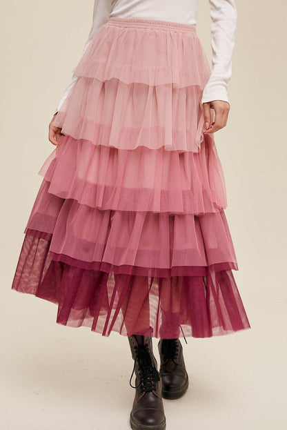 Elastic Waist Layered Tulle Midi Skirt.