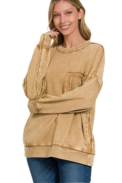 Trendy exposed seam round neck sweatshirt with dropped shoulders