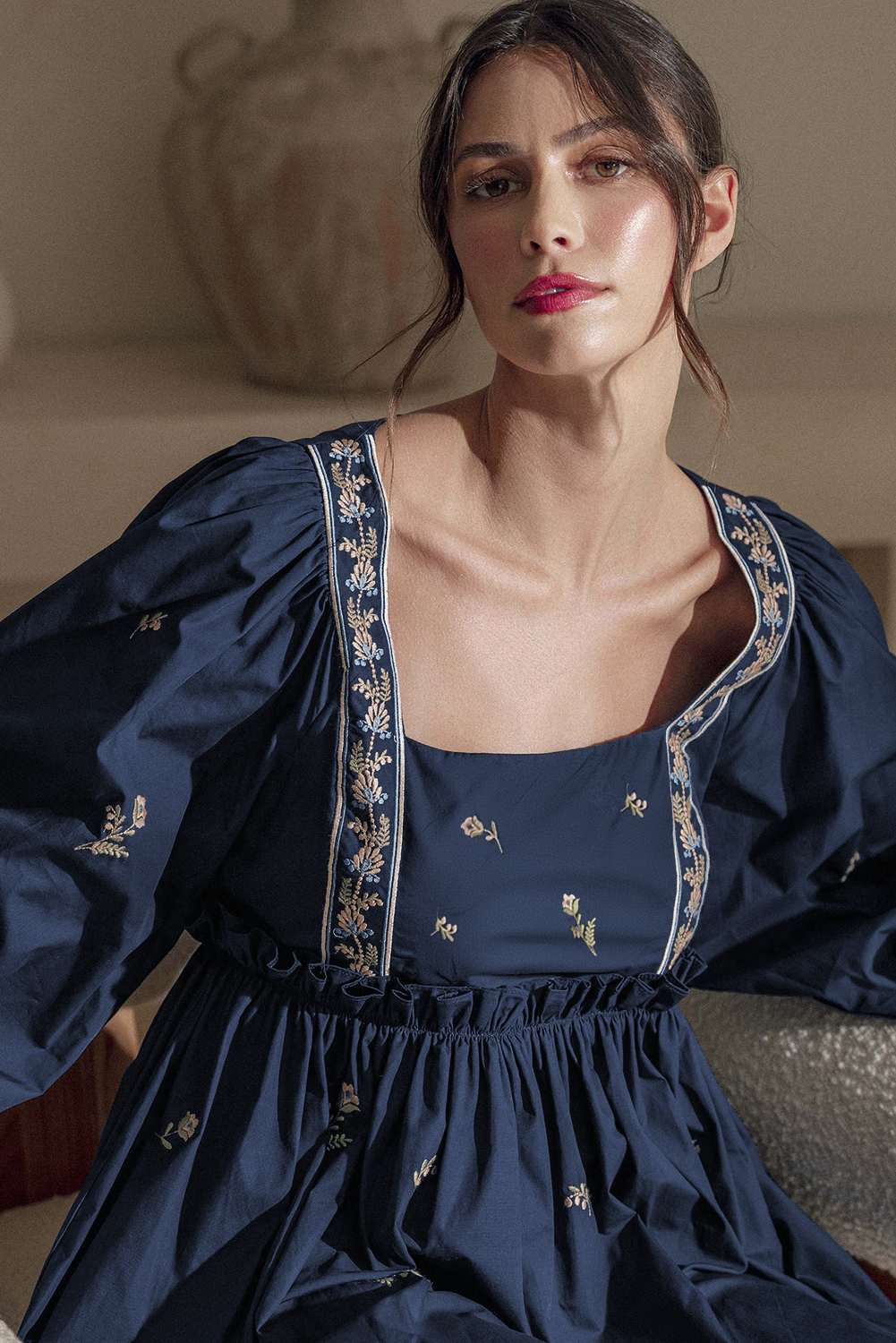 Embroidered Blue Floral Mini Dress with Puff Sleeves and Ruffled Hem