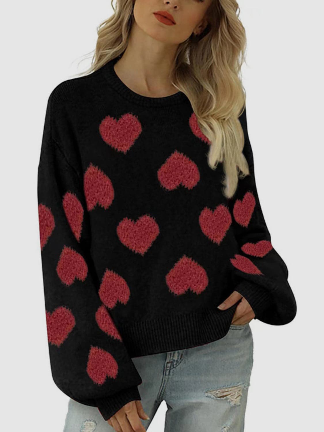 Heart Round Neck Dropped Shoulder Sweater.