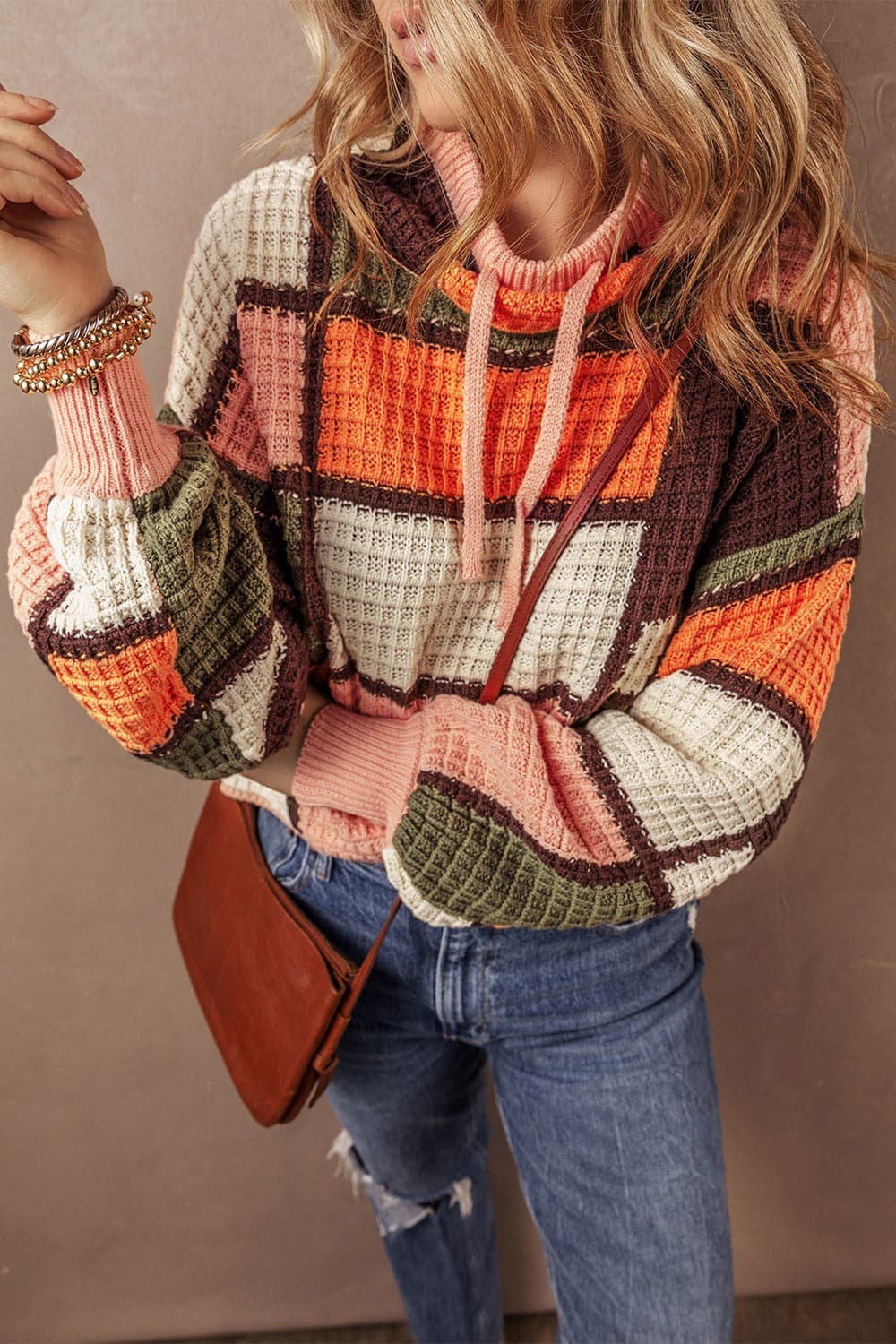 Drawstring Color Block Long Sleeve Sweater.