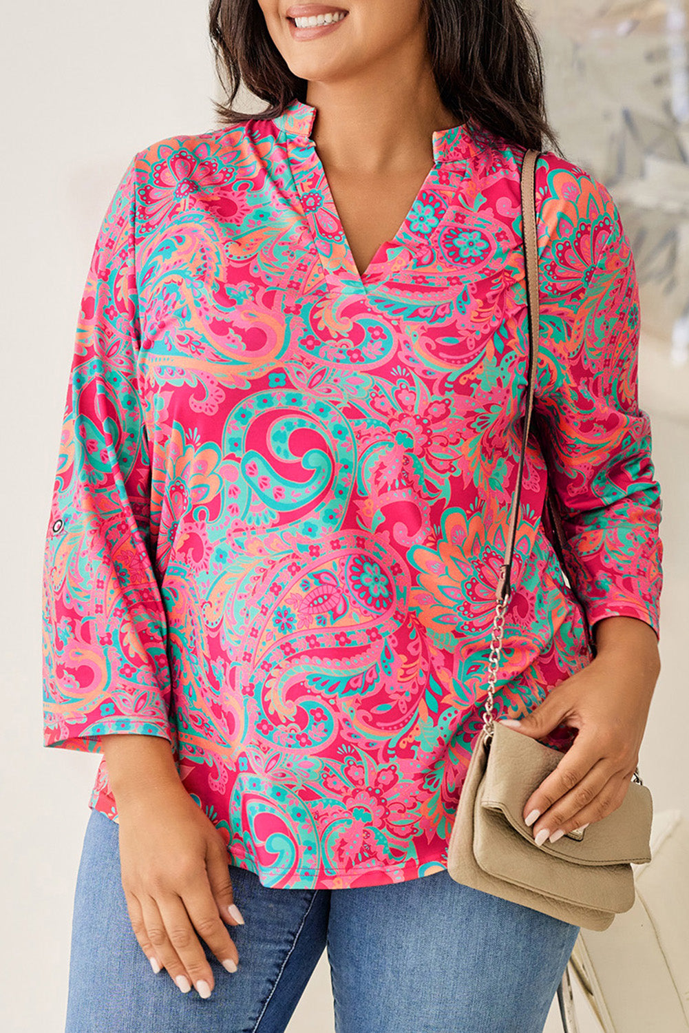 Elegant paisley print plus size blouse with adjustable sleeves