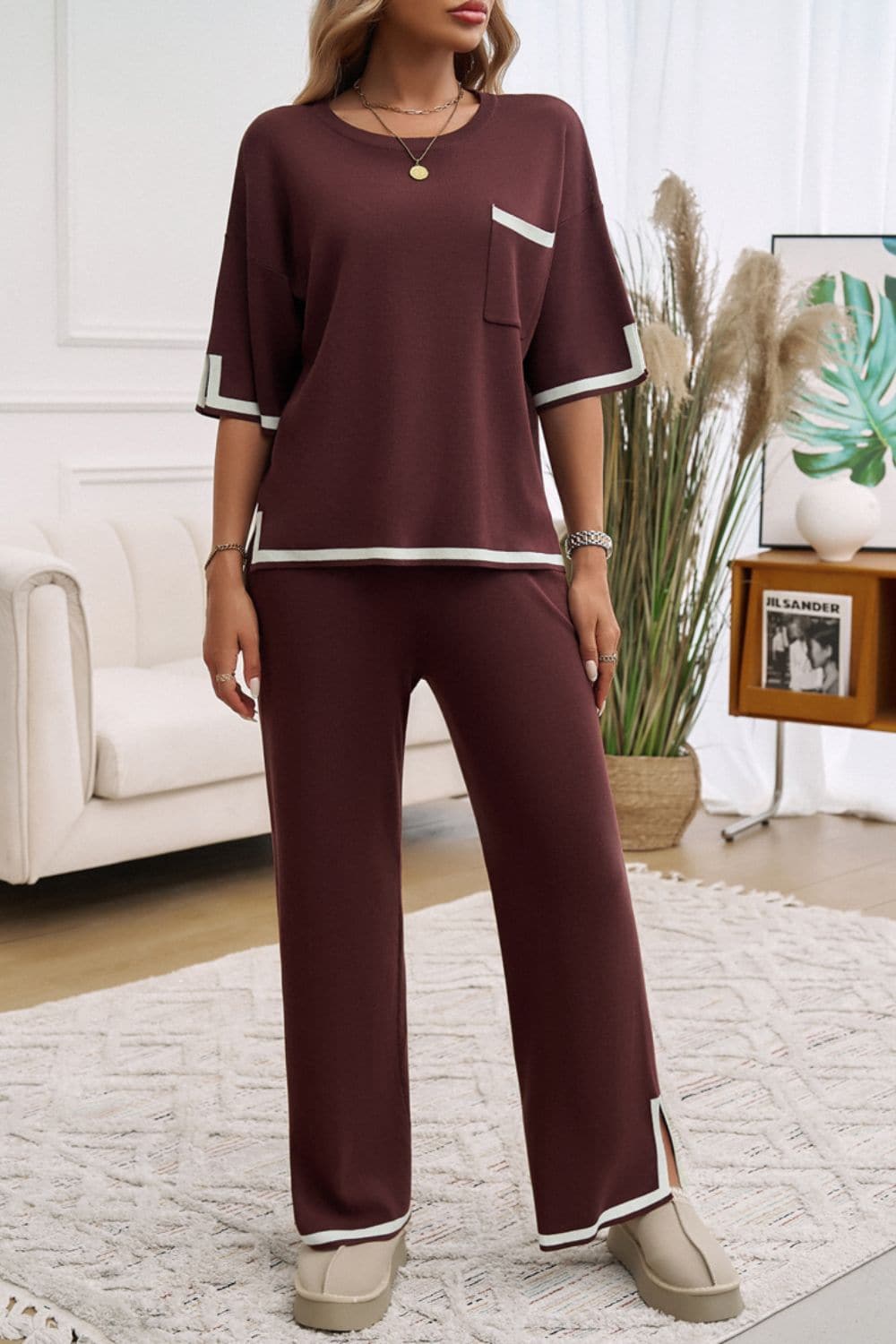 Chic contrast trim two-piece set with half sleeves and pockets