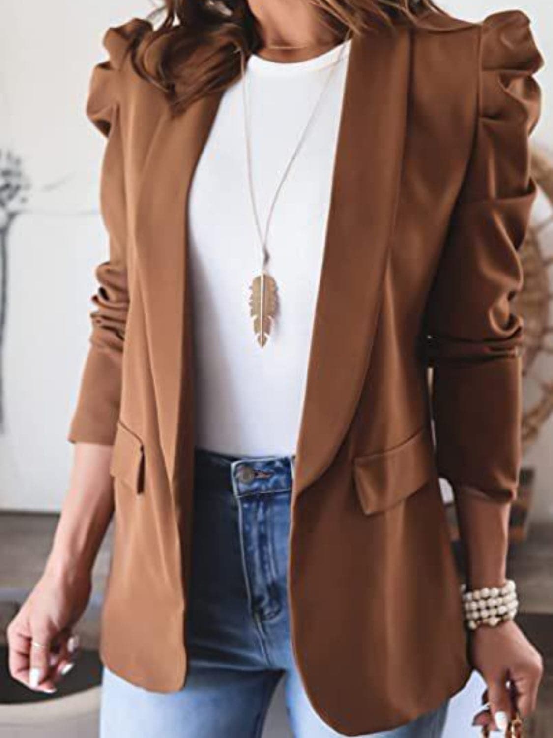 Collared Neck Puff Sleeve Blazer.