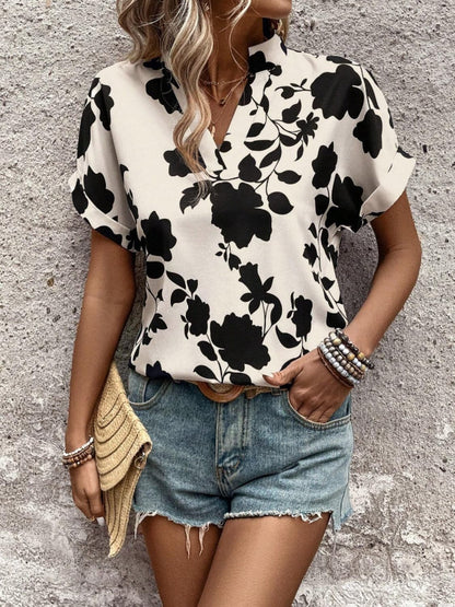 Flower Notched Short Sleeve Blouse.