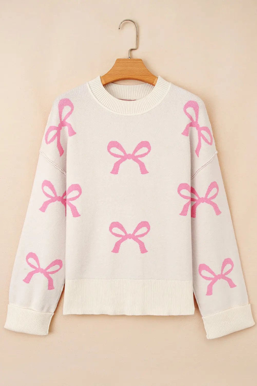 Pink Bow Print Ribbed Trim Drop Shoulder Loose Sweater Dear-Lover Dropshipping