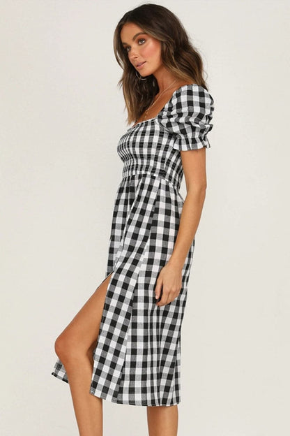 Full Size Slit Plaid Short Sleeve Midi Dress.