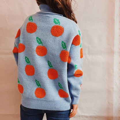 Fruit Pattern Turtleneck Dropped Sweater.