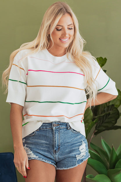 Chic White Colorblock Striped Drop Shoulder Sweater with Half Sleeves