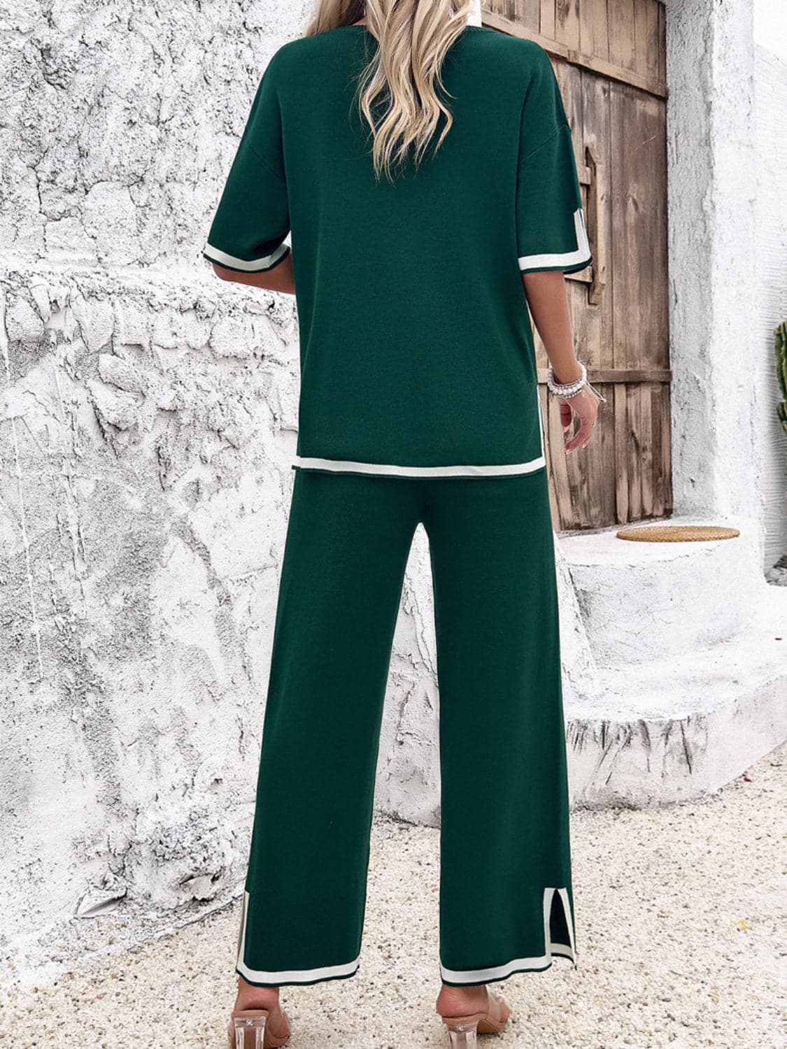 Contrast Trim Round Neck Top and Pants Set.