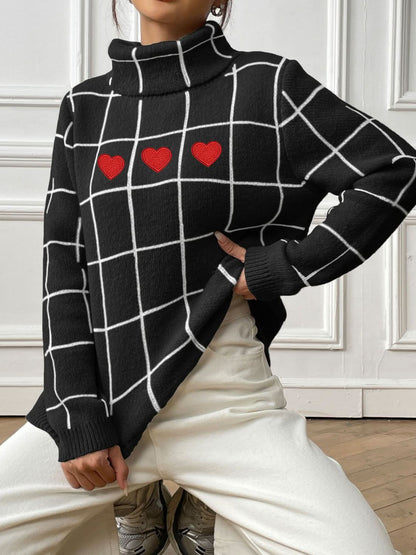 Heart Plaid Turtleneck Long Sleeve Sweater