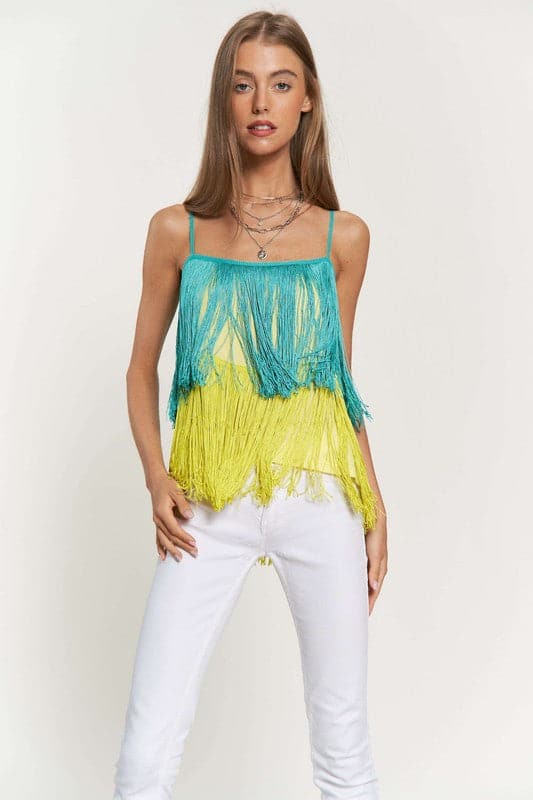 Fringe Overlay Cross Straps Party Cami Top.