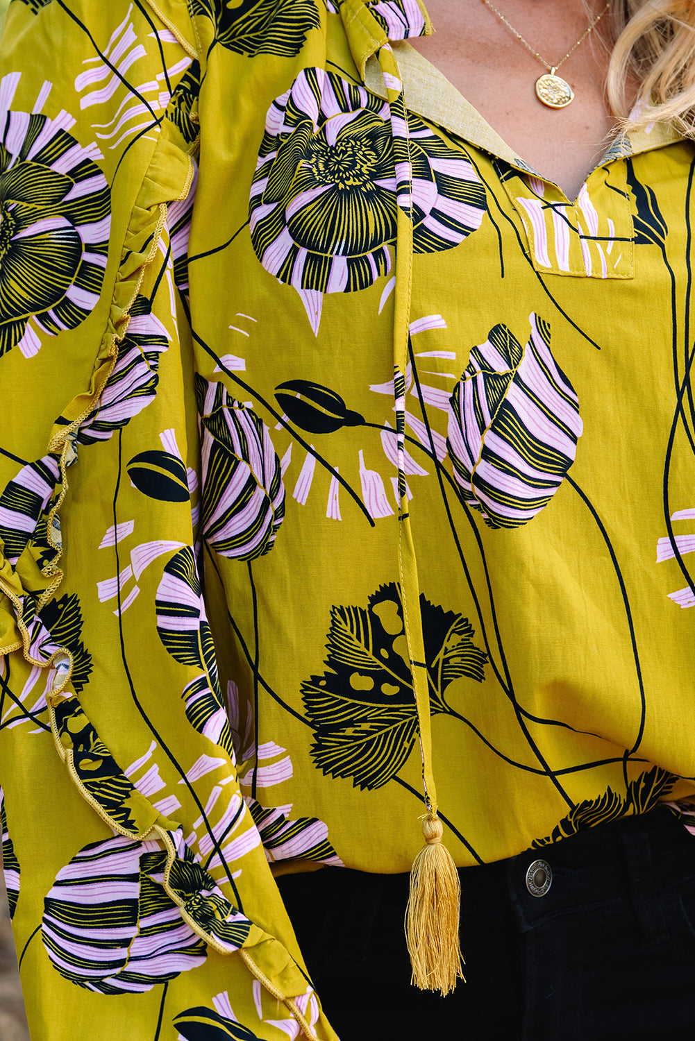 Yellow Vintage Floral V Neck Ruffle Trim Long Sleeve Blouse Dear-Lover Dropshipping