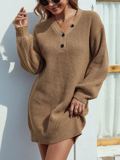 Buttoned V-Neck Sweater Dress.