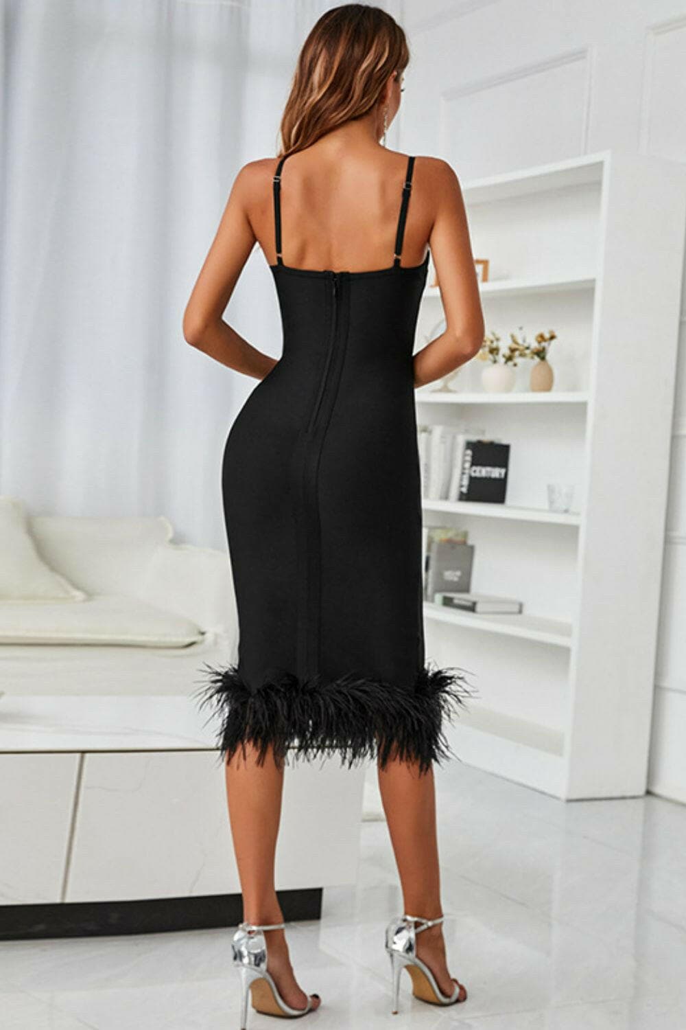 Spaghetti Strap Feather Trim Bodycon Dress.