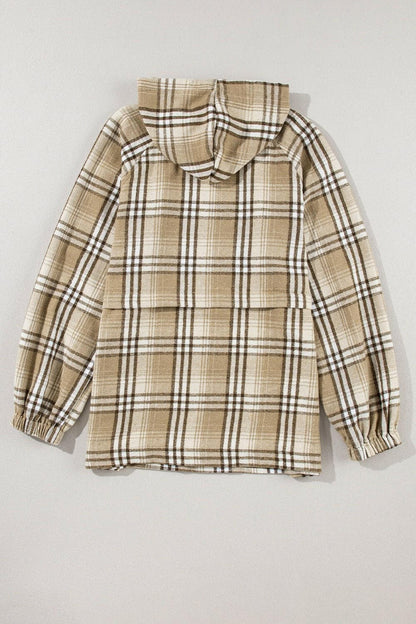 Drawstring Plaid Half Zip Raglan Sleeve Hoodie.