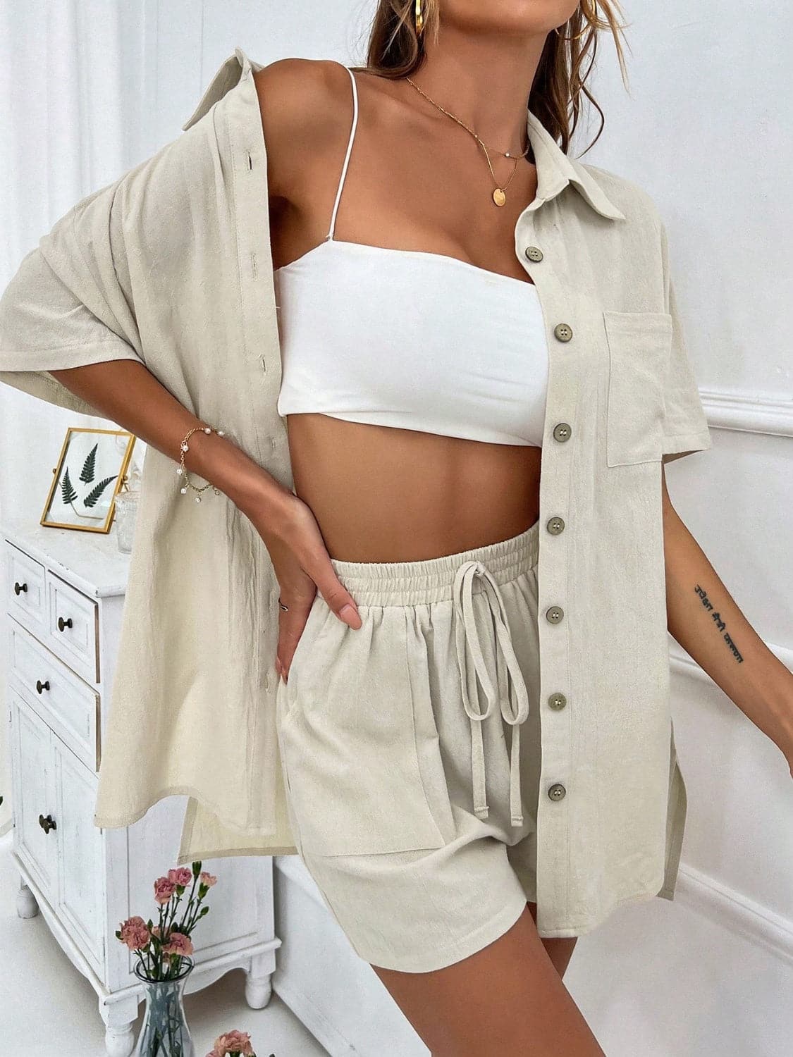 Button Up Half Sleeve Top and Shorts Set.