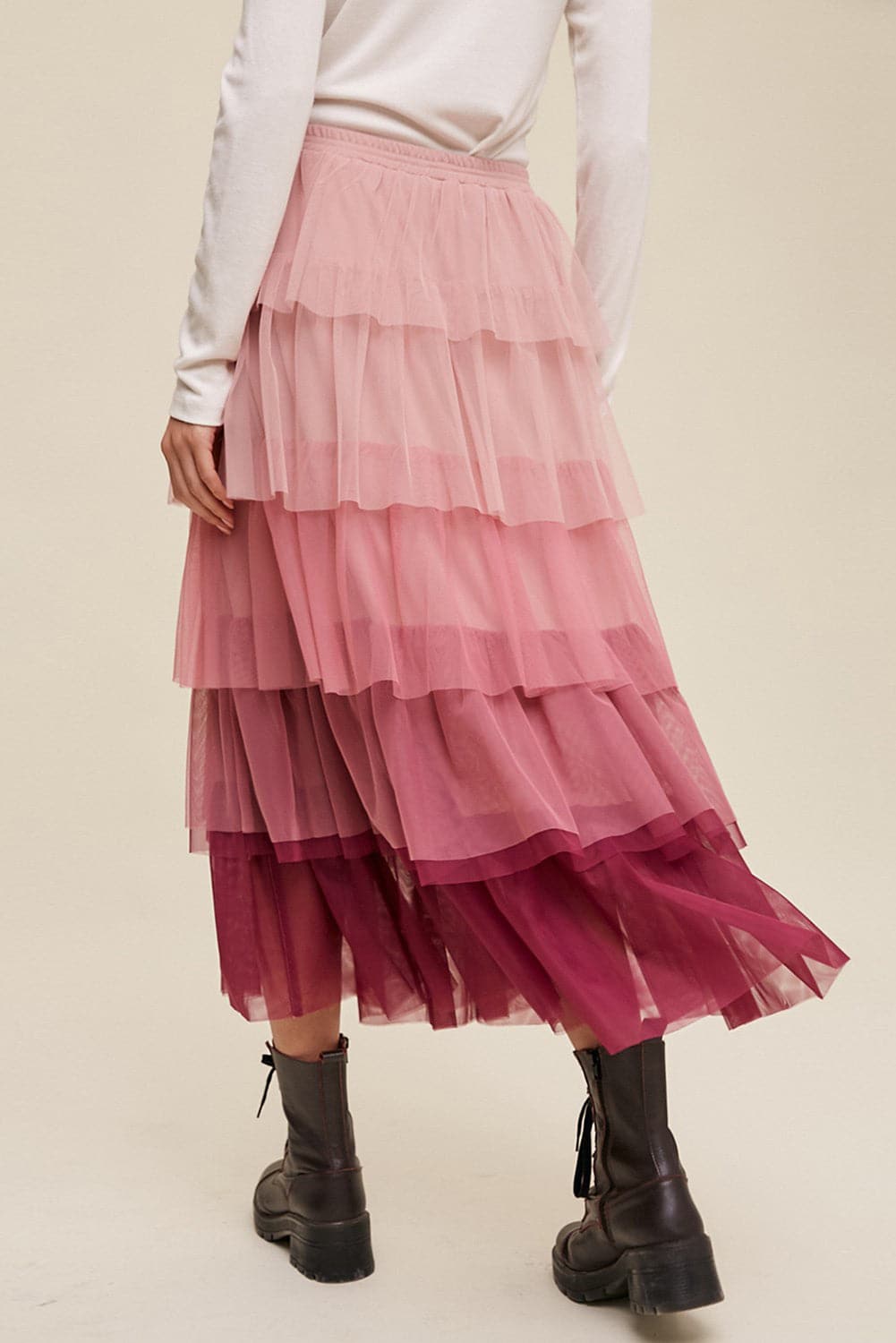 Elastic Waist Layered Tulle Midi Skirt.