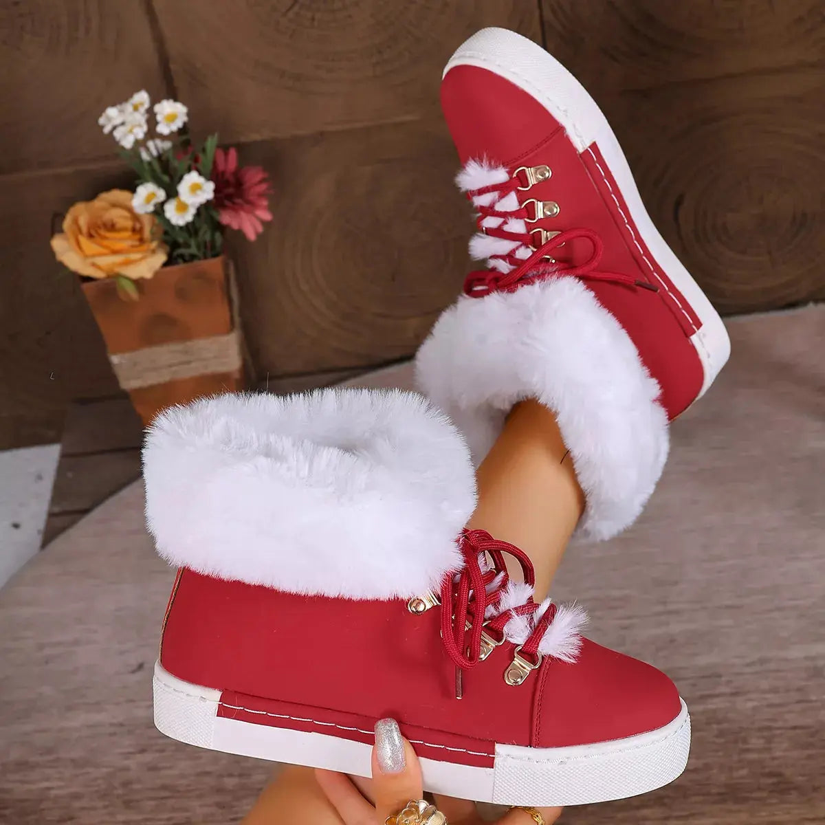 Fuzzy Trim Lace-Up Ankle Boots Simply Love