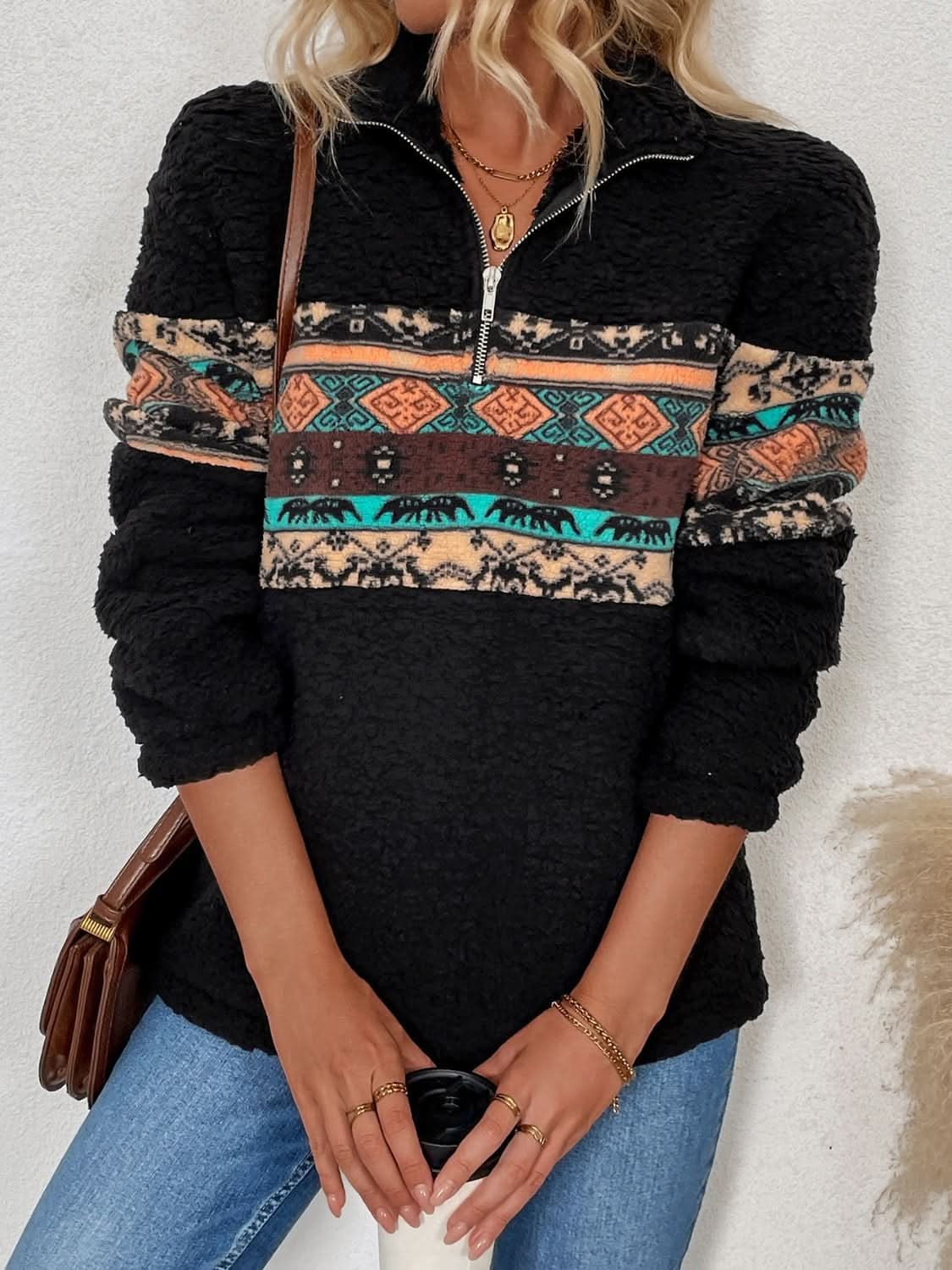 Geometric pattern quarter zip long sleeve pullover