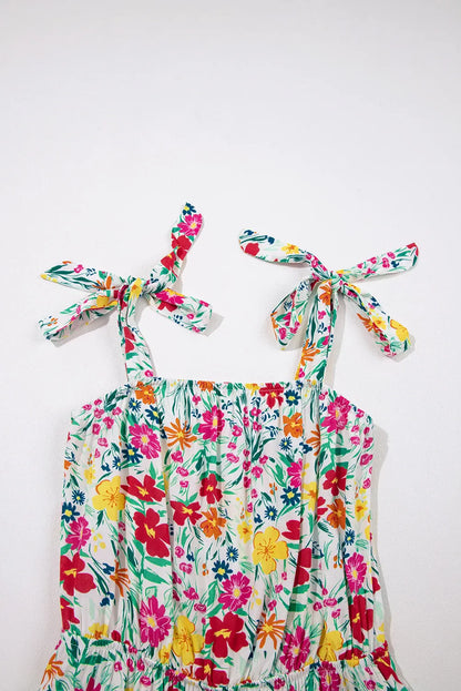 Floral Knotted Straps Cinched Waist Ruffle Hem Mini Dress