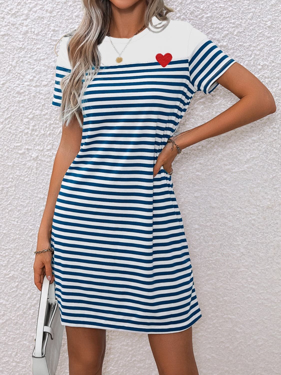 Striped Round Neck Short Sleeve Mini Tee Dress.