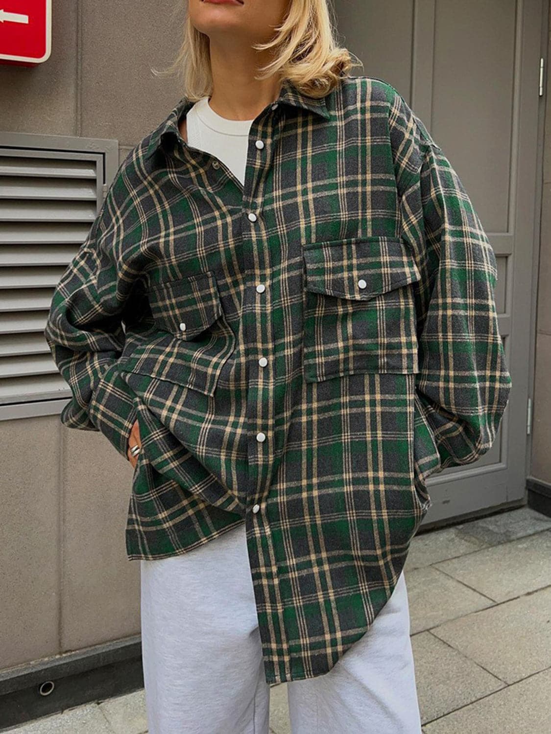 Pocketed Plaid Button Up Shacket.