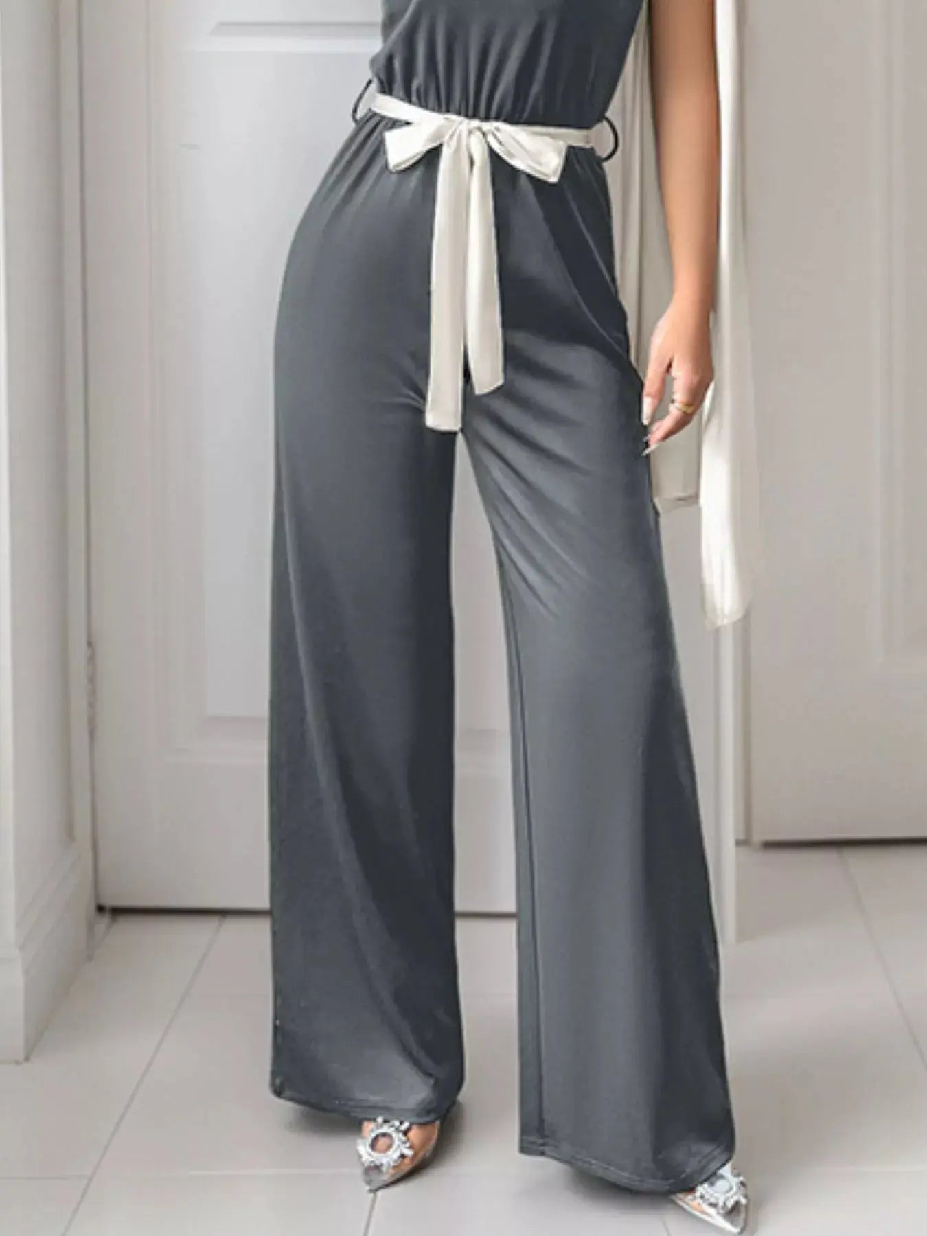 One-Shoulder Bowknot Wide Leg Jumpsuit Simply Love