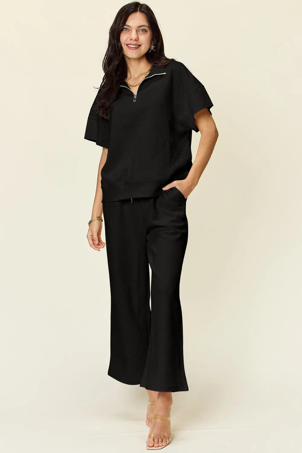 Double Take Full Size Texture Half Zip Short Sleeve Top and Pants Set - Love Salve