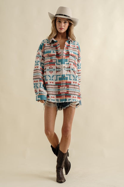 Boho Aztec Frayed Shacket