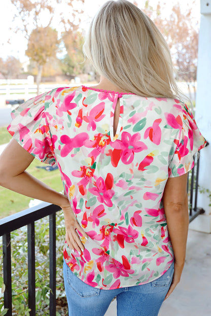 Rose Floral Print Flutter Sleeve Round Neck Blouse