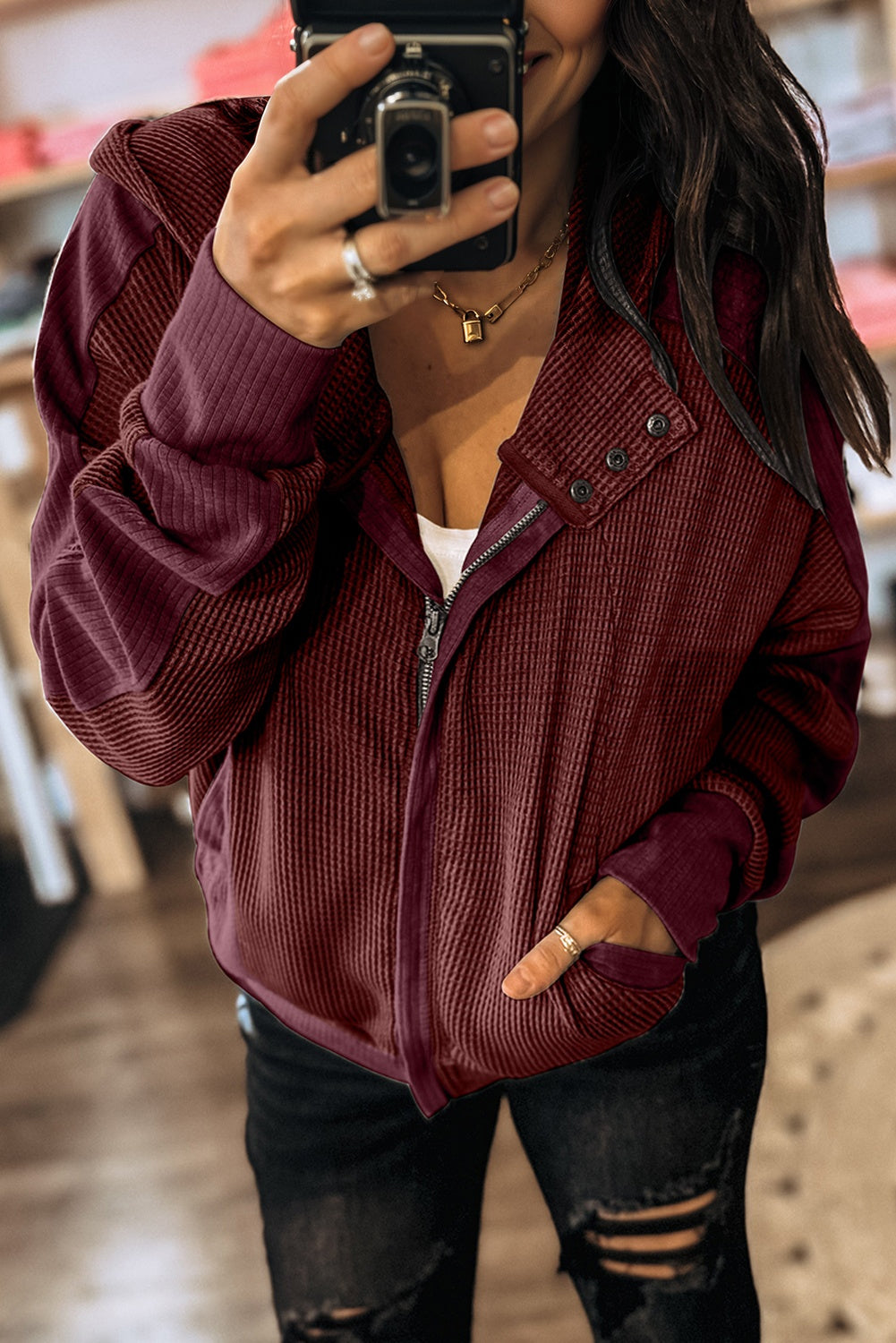 Burgundy Waffle Splicing Zip Up Hooded Jacket With Front Button Closure For Casual Outerwear Dear-Lover Dropshipping