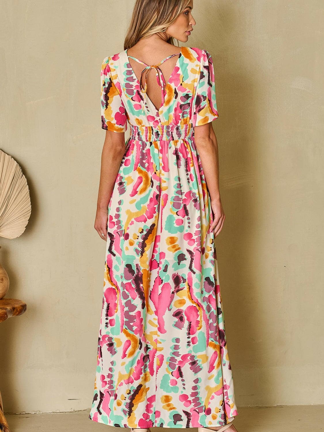 Slit Printed Surplice Short Sleeve Maxi Dress.