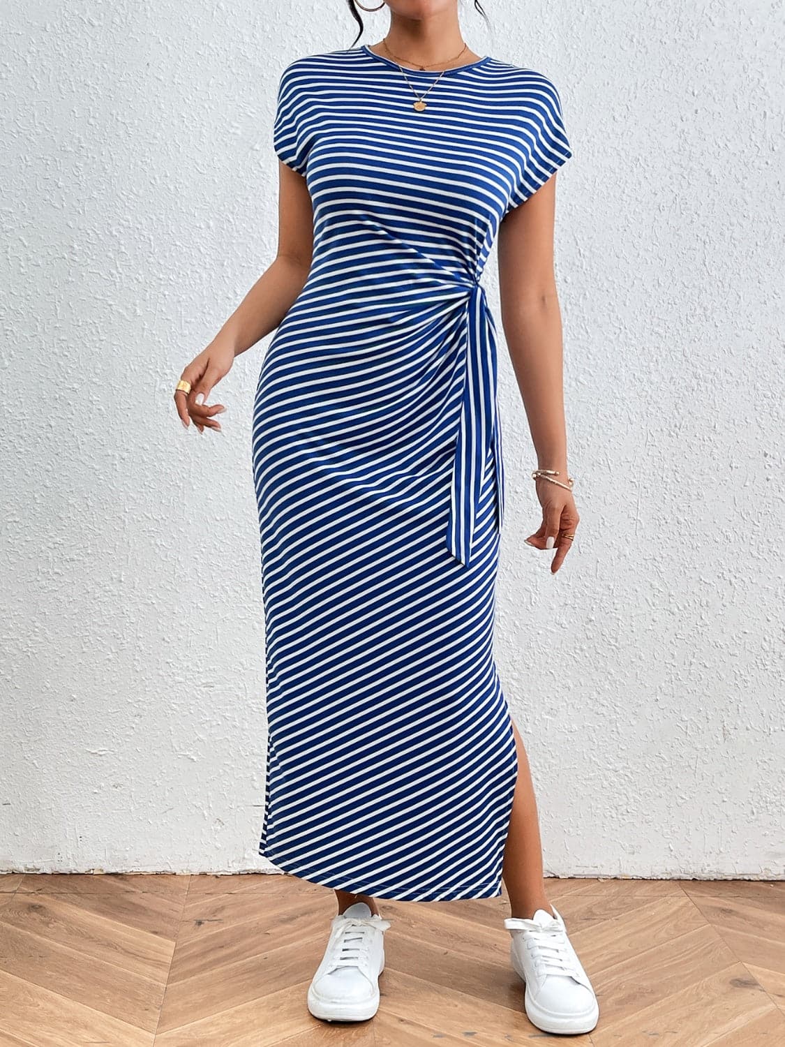 Tied Striped Round Neck Short Sleeve Tee Dress.