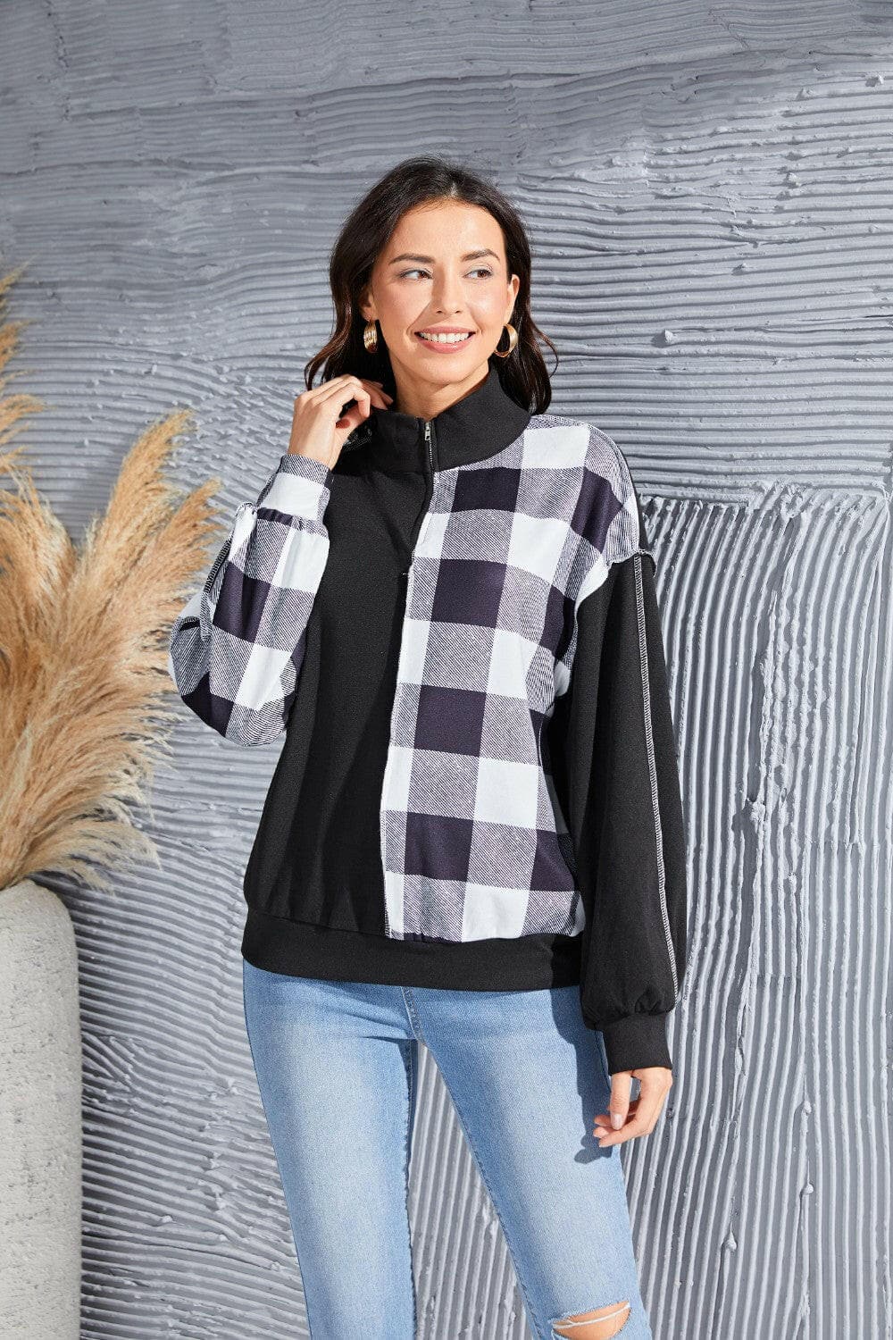 Plaid Exposed Seam Long Sleeve Blouse.