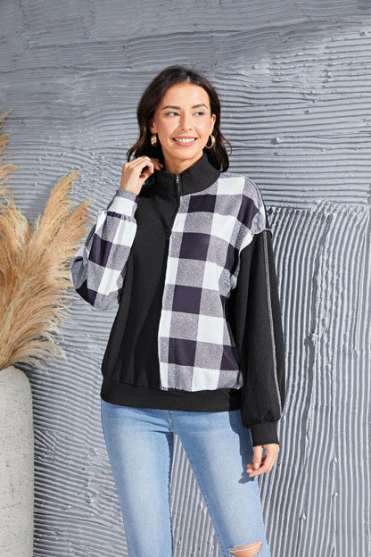 Plaid Exposed Seam Long Sleeve Blouse.