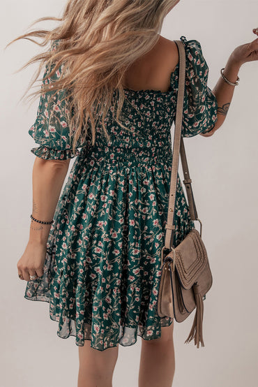 Green Smocked Square Neck Puff Short Sleeve Floral Dress