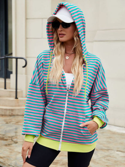 Stylish striped zip-up hoodie with drawstring hood