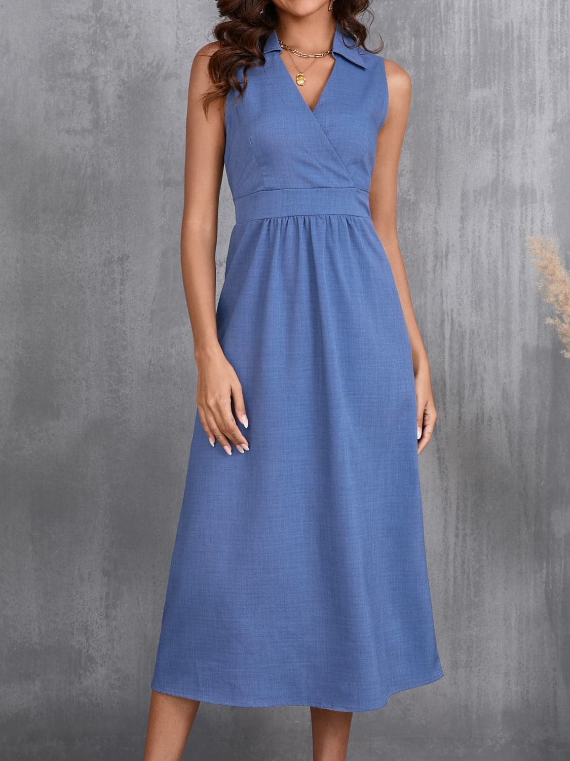 Ruched Sleeveless Midi Dress.