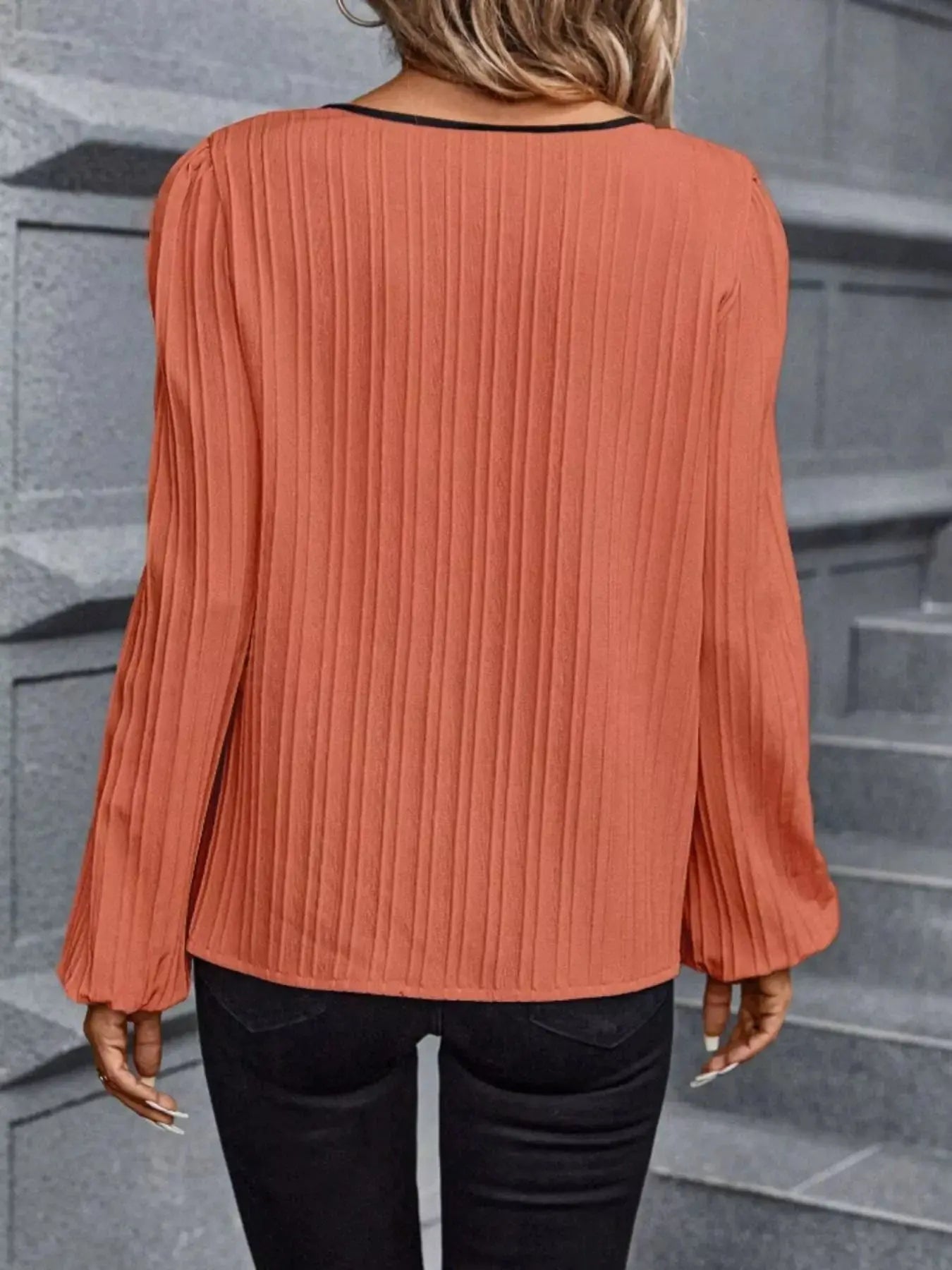 Contrast Notched Long Sleeve Blouse Simply Love