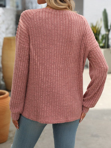 Decor Button Long Sleeve Ribbed T-Shirt.