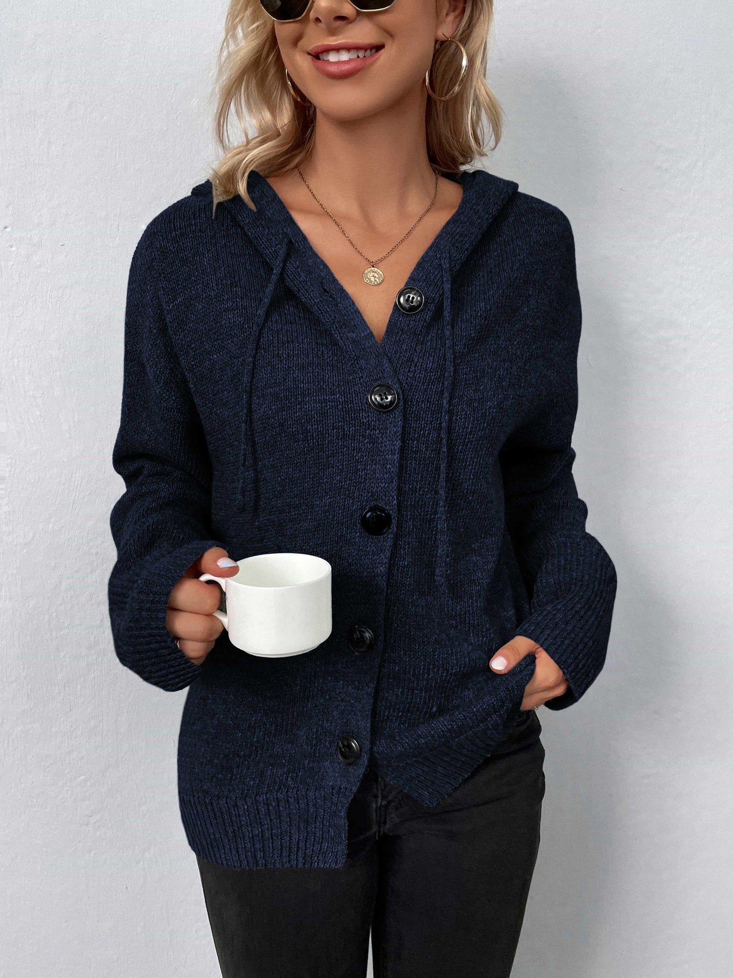 Button-Down Long Sleeve Hooded Sweater.