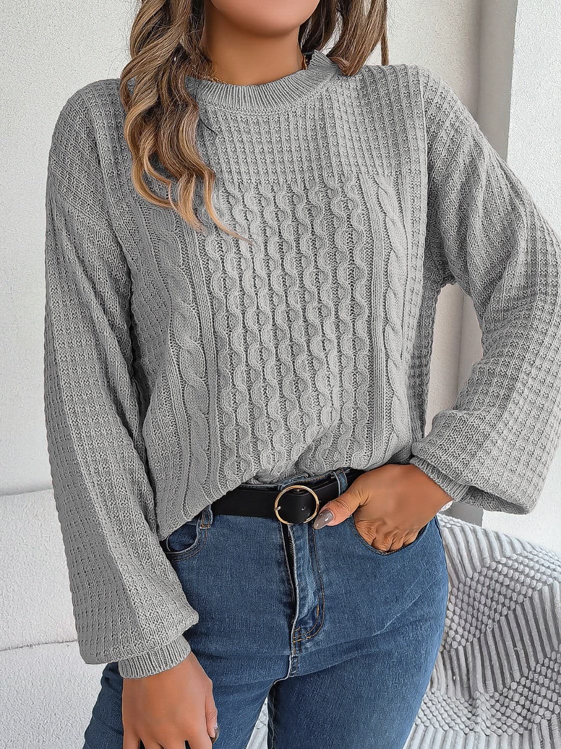 Cable-Knit Round Neck Long Sleeve Sweater.