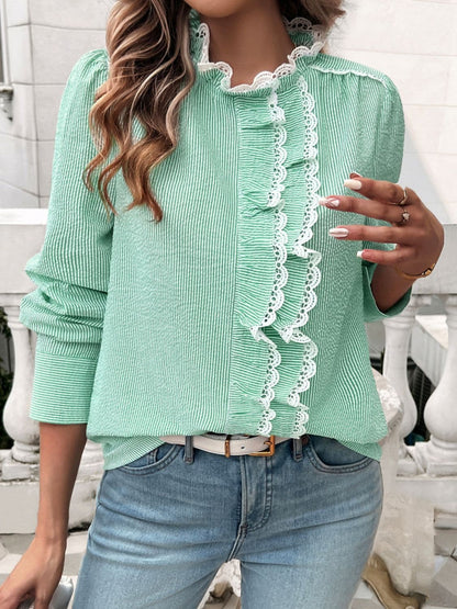 Lace Detail Ruffled Round Neck Long Sleeve Shirt.