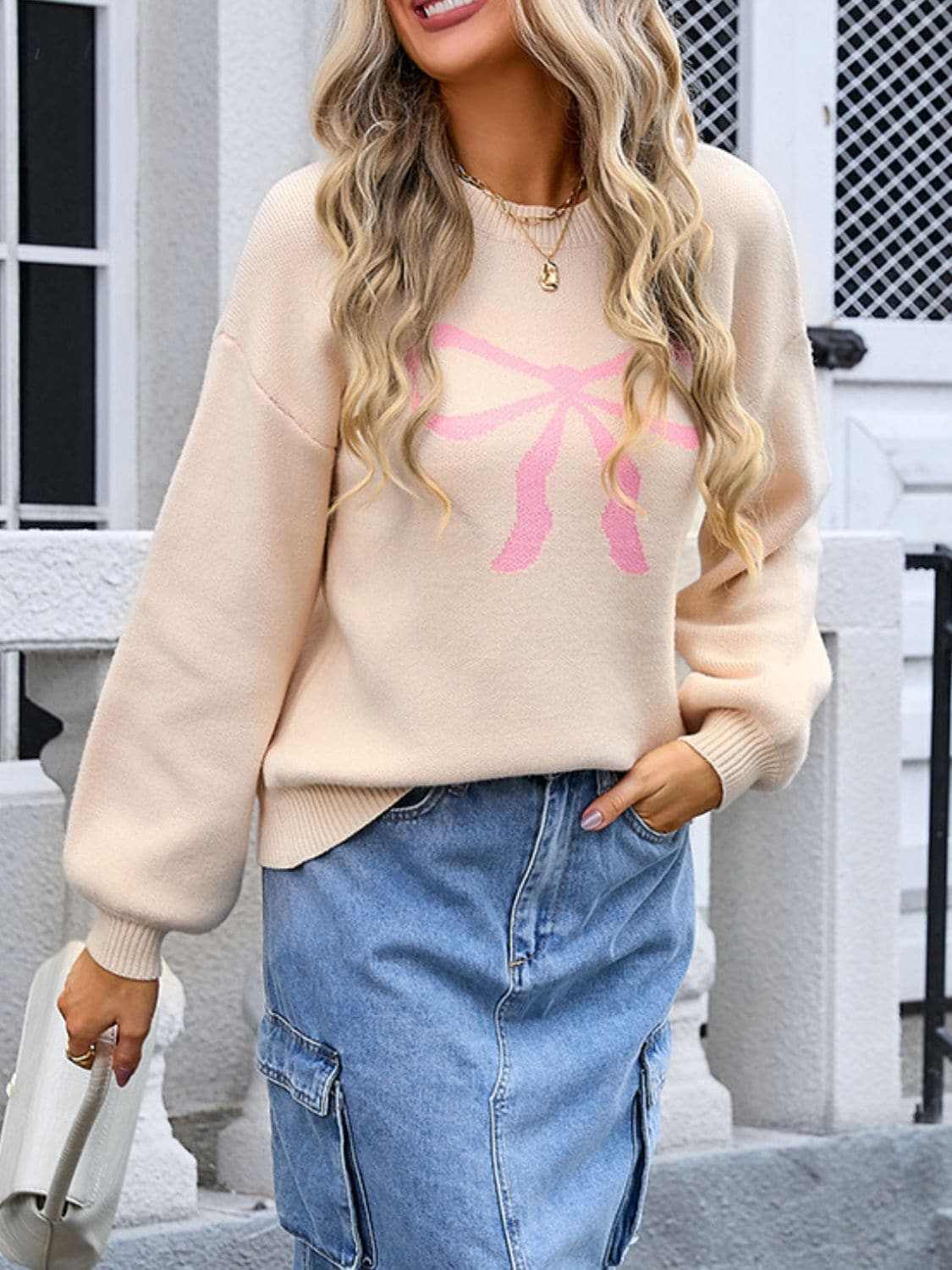 Charming bow print long sleeve sweater - Love Salve 