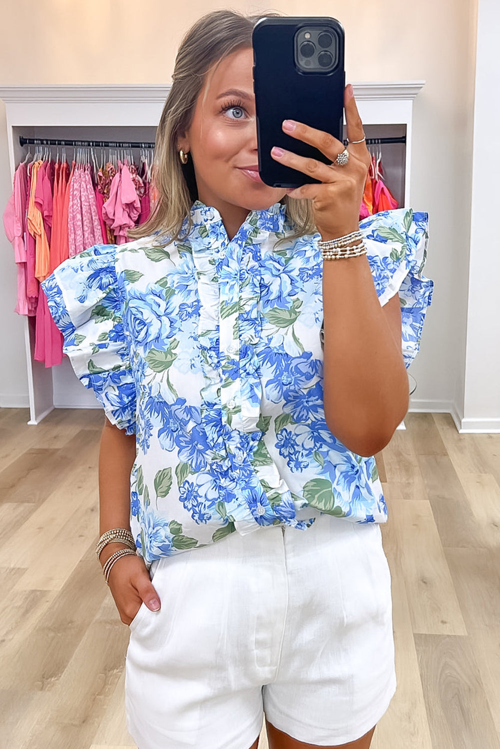 Sky Blue Floral Ruffle Sleeve Button-Up Top