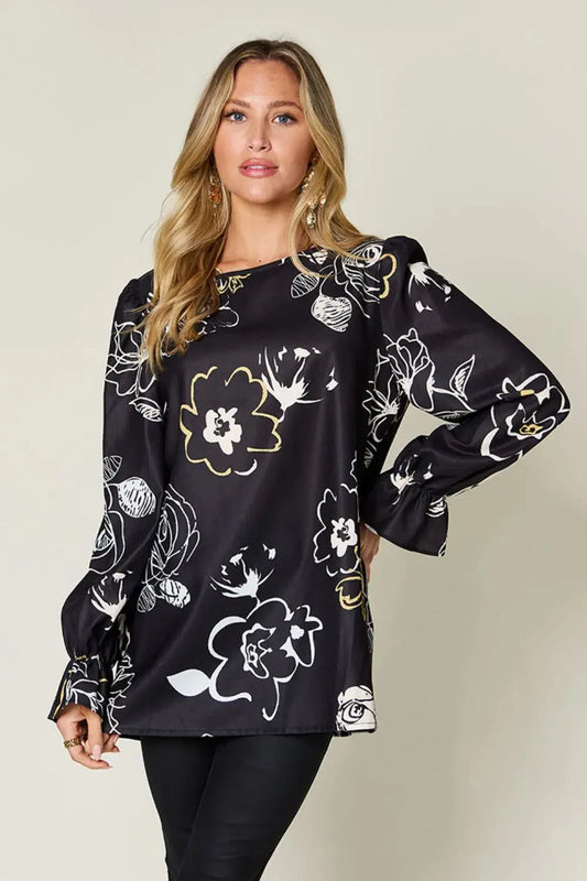 Double Take Full Size Printed Flounce Sleeve Blouse - Love Salve