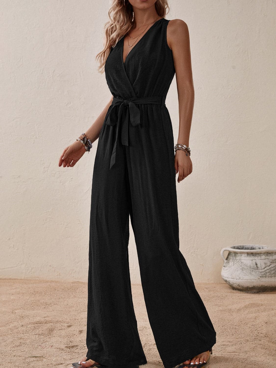 Tied Surplice Sleeveless Wide Leg Jumpsuit.